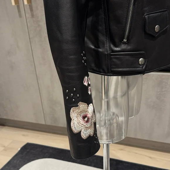 Rebecca Minkoff Black Leather Jacket with Embroidered Floral Accents - Picture 6 of 12